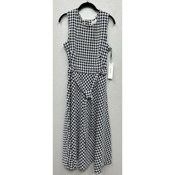 Calvin Klein Dress 10 Black A Line Sheath Midi Houndstooth Sleeveless Career NEW - Picture 2 of 11
